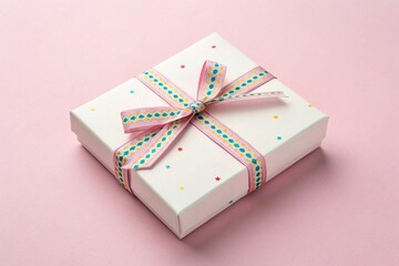 Gift box with colorful ribbon on pastel pink background. Celebration minimal style.