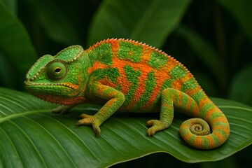 Obraz premium Colorful orange and green chameleon perched on a large green leaf, blending seamlessly into the vibrant rainforest environment