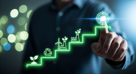 A person using a digital interface to show steps of sustainable development and growth in green energy