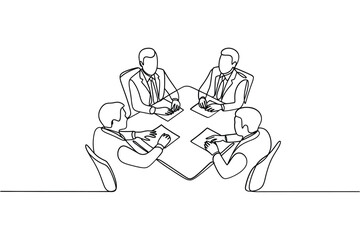 Continuous line drawing of a business meeting around a table