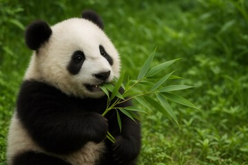 Cute baby panda happily munching on bamboo leaves, showcasing the beauty and tranquility of its natural habitat