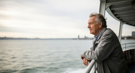 Senior man on a ferry looking thoughtfully at the horizon, contemplating his future and enjoying his peaceful retirement journey