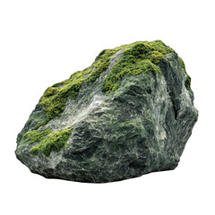A large. weathered rock covered in green moss sits prominently in a serene outdoor setting. surrounded by soft grass and distant trees. suggesting tranquility and natural beauty