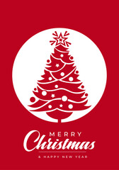 Seasonal greeting card featuring a white circular panel with a stylized Christmas tree on a red backdrop. Suitable for holidays, Christmas marketing, family messages, and festive celebrations.