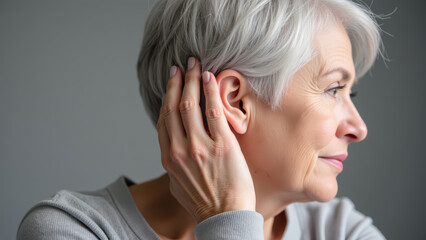 Fototapeta premium Mature woman with short gray hair gently touches her ear, expressing thoughtful demeanor. soft lighting highlights her features, creating serene