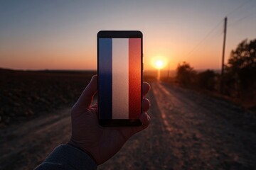 Hand holding a phone showing the French flag with a sunset  road in the background
