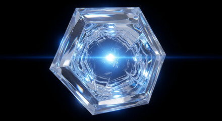 Futuristic artificial intelligence core glowing with blue light inside a complex hexagonal crystal structure
