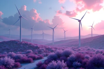 Serene Wind Turbines Amidst Vibrant Lavender Landscape at Sunset