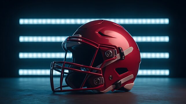 Red American Football Helmet with Faceguard on Dark Background with Blue Light Bars