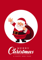 Cheerful Santa waves with a large bag on a bold red background, creating a festive Christmas card vibe perfect for greetings, promotions, and family celebrations.