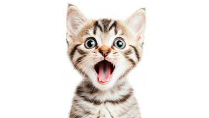 A joyful and surprised kitten with wide eyes and an open mouth. set against a clean white background. capturing a moment of pure excitement and playfulness