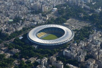 Aerial view of a large stadium surrounded by buildings and trees