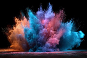 Explosive cloud of vibrant orange blue purple and pink powder against a dark backdrop with a textured surface below