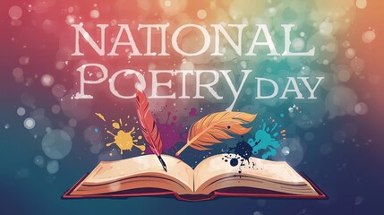 Vibrant Open Book, Quill Pens, and Ink Splatter for National Poetry Day