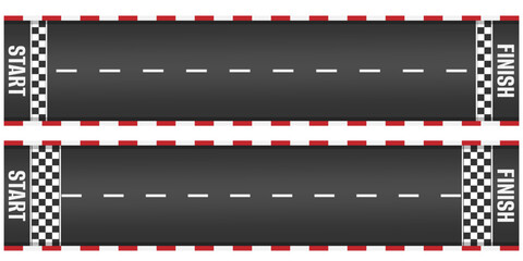 Obraz premium Top view of straight race track roadway with start and finish line white grid pattern on asphalt for auto rally motor sport competition vector illustration of speedway background