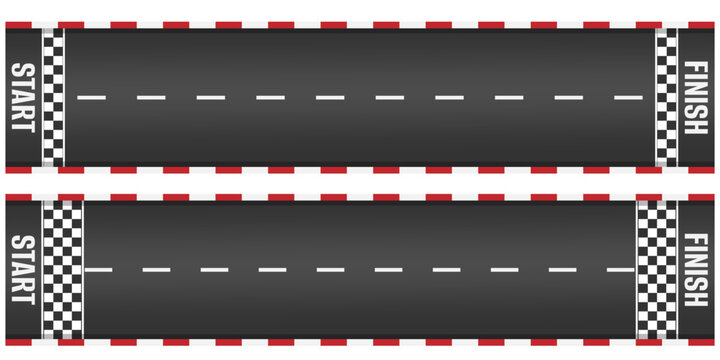 Top view of straight race track roadway with start and finish line white grid pattern on asphalt for auto rally motor sport competition vector illustration of speedway background