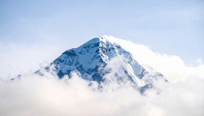 Majestic snow-capped mountain peak piercing through a blanket of soft clouds, standing tall under a serene blue sky, a breathtaking natural wonder