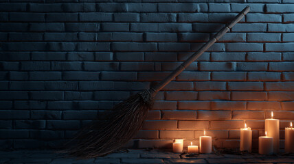 Halloween broom with candle light