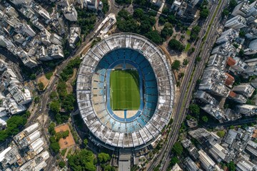 Aerial view of a stadium in a cityscape featuring green field blue seating and surrounding buildings