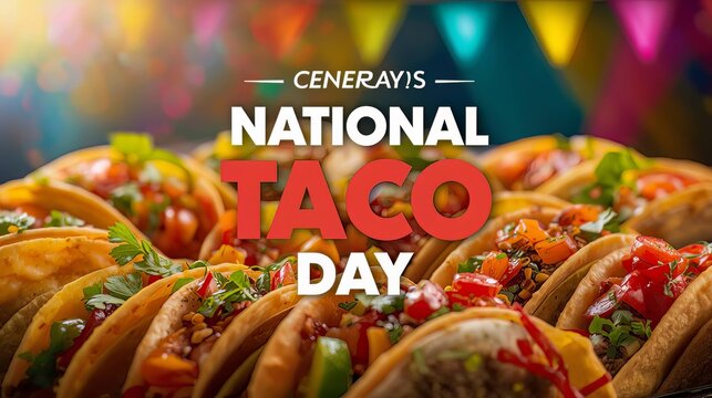 Close-Up of Assorted Tacos Framing National Taco Day Text