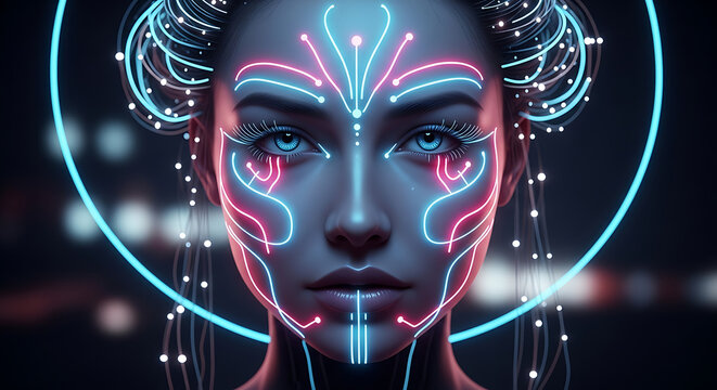 Futuristic ai woman portrait with glowing neon lines and digital art concept for technology design - Powered by Adobe