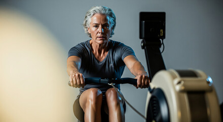 Active mature female athlete showing strength and endurance while training on a rowing exercise machine in a fitness studio