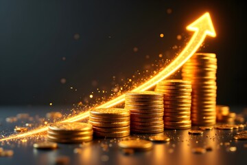 Golden Coins Stacked with Arrow Rising Showing Financial Growth Concept