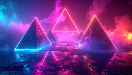 Neon pyramids in a vibrant landscape