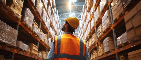 The warehouse worker inspects tall pallet racks in a modern logistics distribution center