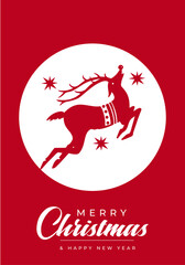 A festive red Christmas greeting card featuring a white circle with a sleigh and reindeer silhouette, stars, and the classic Merry Christmas message with Happy New Year note.