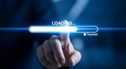 Finger touching loading bar on screen for system update, software installation, and data transfer concept