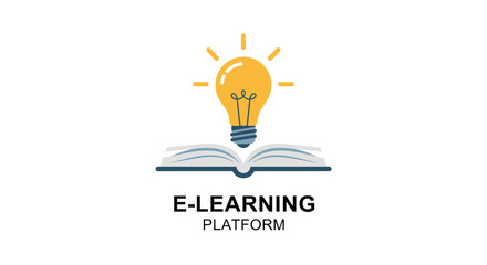 Inspiring e-learning platform logo with shining lightbulb on open book, symbolizing knowledge and ideas for modern education and online learning solutions