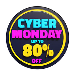 A vibrant and eye-catching Cyber Monday sale announcement with a discount of up to 80% off. It's a call to action for shoppers to grab amazing deals.