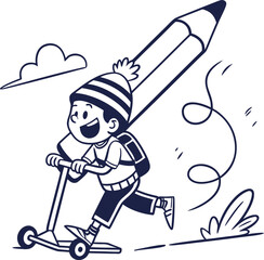 Boy on a scooter with a giant pencil and backpack child