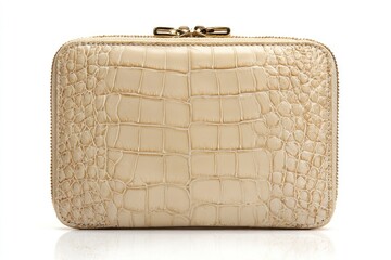 An eyelevel shot of an ecrucolored wallet made from reptile skin material with a zipper across the top