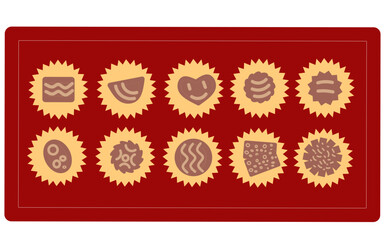 Vector illustration of a chocolate praline box. The top box shows assorted chocolates with different shapes and decorations, while the bottom box is empty with only round placeholders