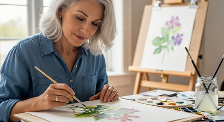 Creative senior woman with beautiful grey hair enjoys her retirement hobby, painting delicate watercolor flowers with a brush at home