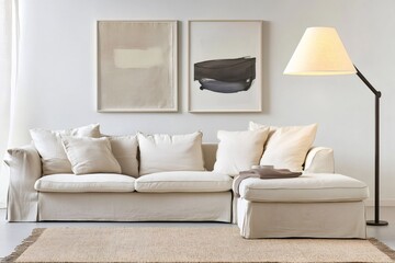 Cozy, light filled living room featuring an L shaped sofa with soft cushions, a jute rug, and modern art on the wall