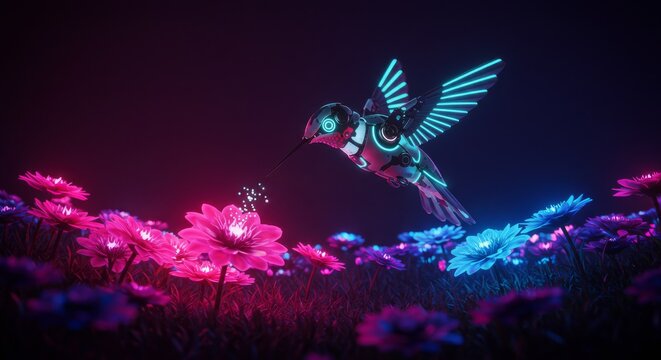 Neon hummingbird hovers over vibrant flowers in a surreal landscape.
