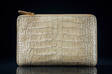 A textured beige crocodilepatterned wallet with a gold zipper is presented against a dark backdrop