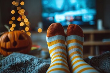 Striped socks by a pumpkin with a bokehlit tree  TV in the background nestled on a gray blanket