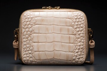 Creamcolored purse with alligator skin pattern gold zipper shoulder strap against a dark gray background