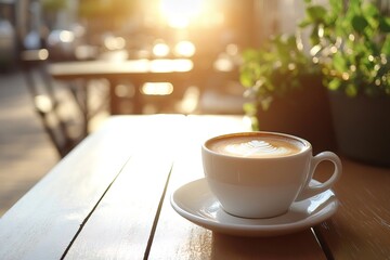 Obraz premium Warm sunlight shines on a cappuccino with latte art, resting on an outdoor cafe table, evoking calm and relaxed atmosphere