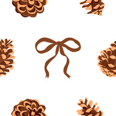Christmas seamless pattern with plants, namely pine cones of various shapes and a brown bow on a white background, for holiday printing, packaging or textiles