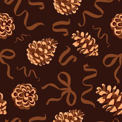 Christmas seamless pattern with pine cones of various shapes, brown bow and brown ribbons on a brown background, for holiday printing, packaging or textiles