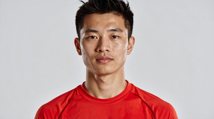 Professional Headshot of Young Man in Red Sporty T Shirt with Sweat on Face Isolated on Light Background
