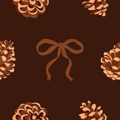 Christmas seamless pattern with plants, namely pine cones of various shapes and a brown bow on a brown background, for holiday printing, packaging or textiles