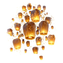 A group of lanterns floating in the air isolated on a transparent background