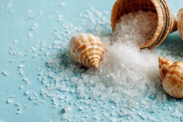 Seashells sit with spilled salt beside an overturned shelllike container against a blue backdrop