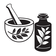 A botanical illustration isolated on white background featuring a mortar and pestle with leaves, alongside a bottle with a leaf design, symbolizing herbal medicine and natural remedies